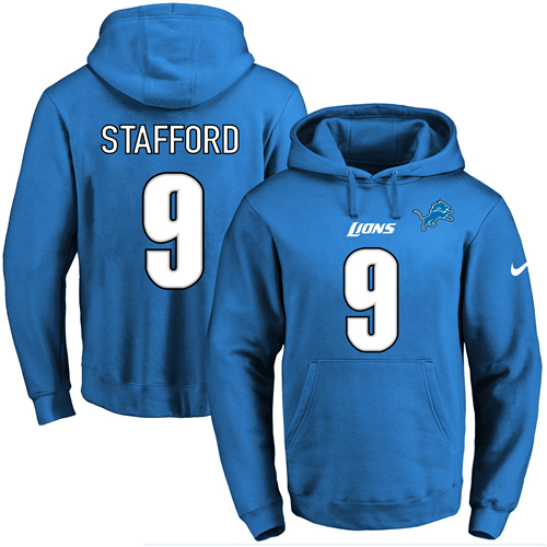 Nike Lions #9 Matthew Stafford Blue Name & Number Pullover NFL Hoodie - Click Image to Close